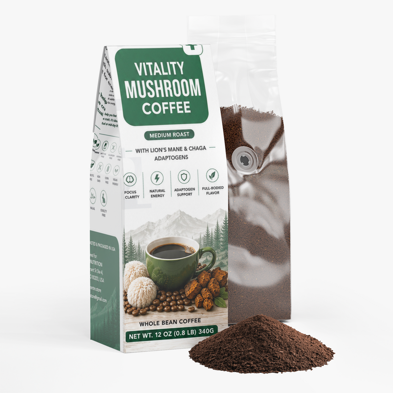 Vitality Mushroom Coffee – Medium Roast with Organic Lion’s Mane & Chaga | 12 oz Ground Coffee