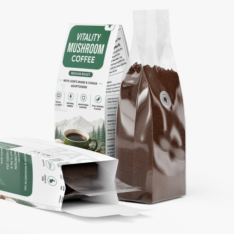Vitality Mushroom Coffee – Medium Roast with Organic Lion’s Mane & Chaga | 12 oz Ground Coffee