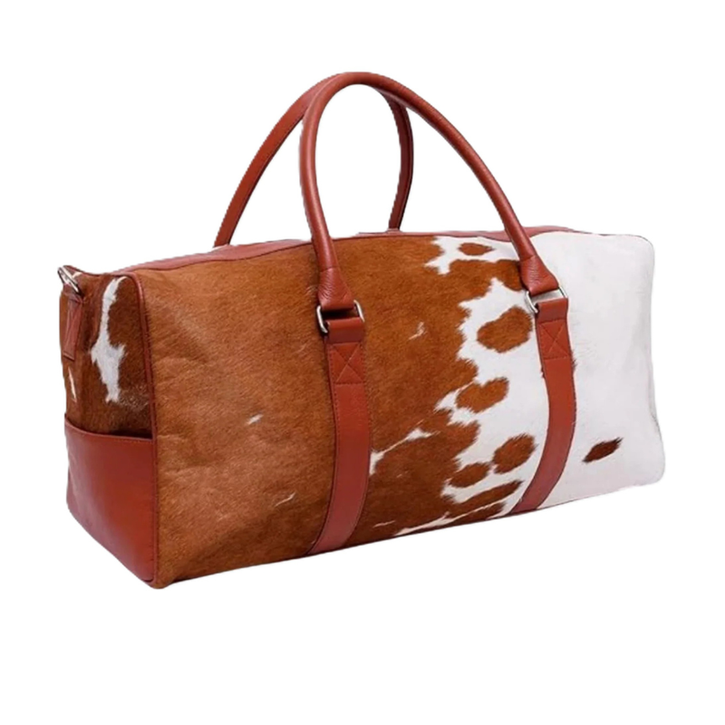 Genuine Hair-on Cowhide Leather Duffle Bag – Brown & White Western Weekender Travel Bag (20"x10"x12")