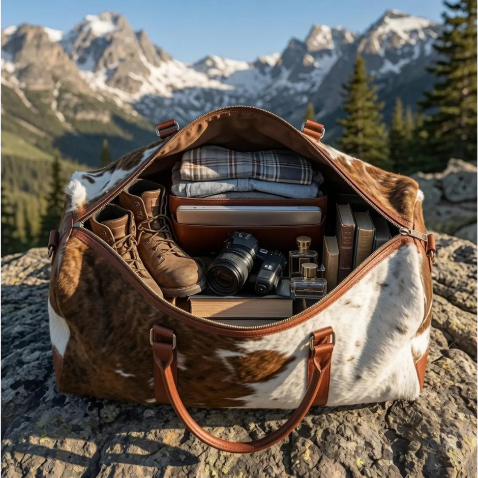 Genuine Hair-on Cowhide Leather Duffle Bag – Brown & White Western Weekender Travel Bag (20"x10"x12")