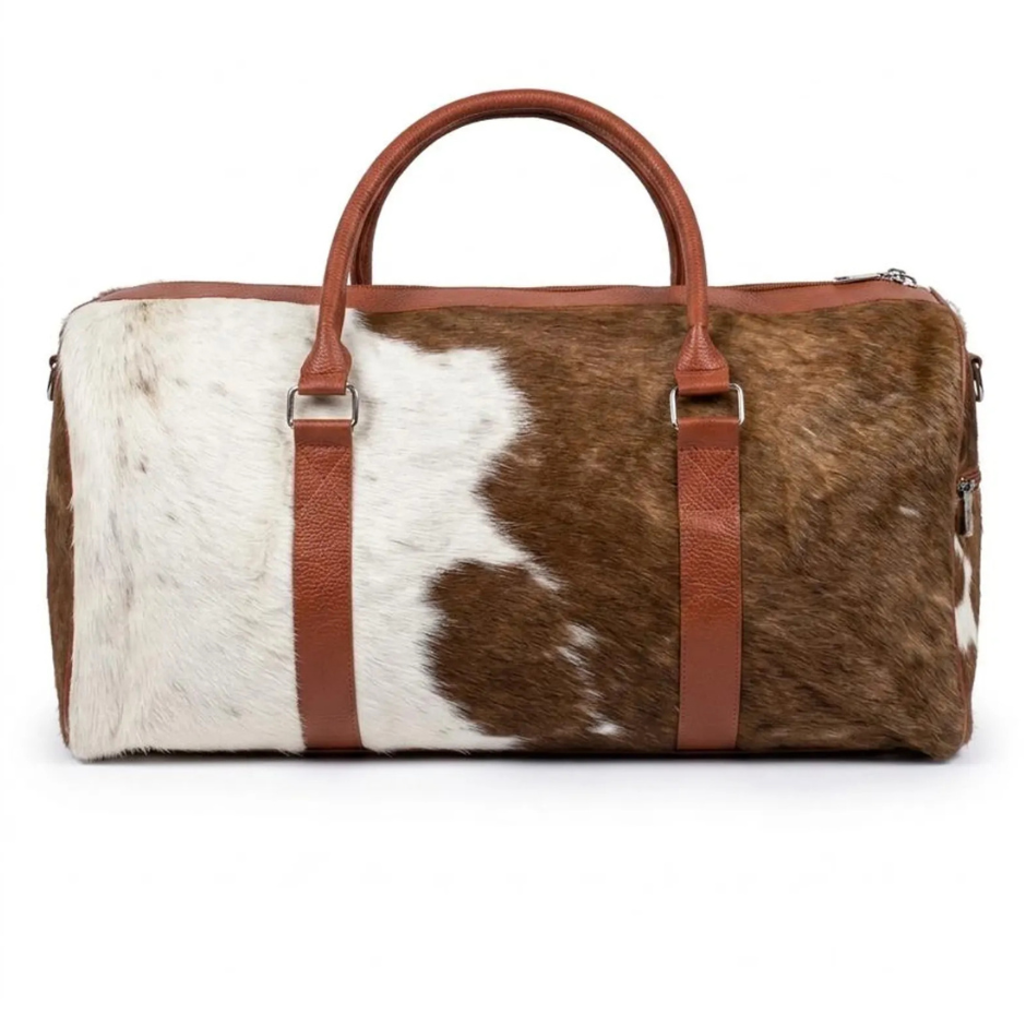 Genuine Hair-on Cowhide Leather Duffle Bag – Brown & White Western Weekender Travel Bag (20"x10"x12")