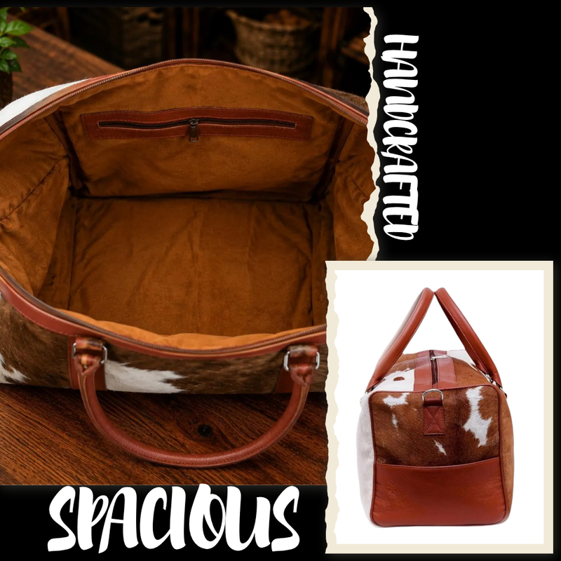Genuine Hair-on Cowhide Leather Duffle Bag – Brown & White Western Weekender Travel Bag (20"x10"x12")