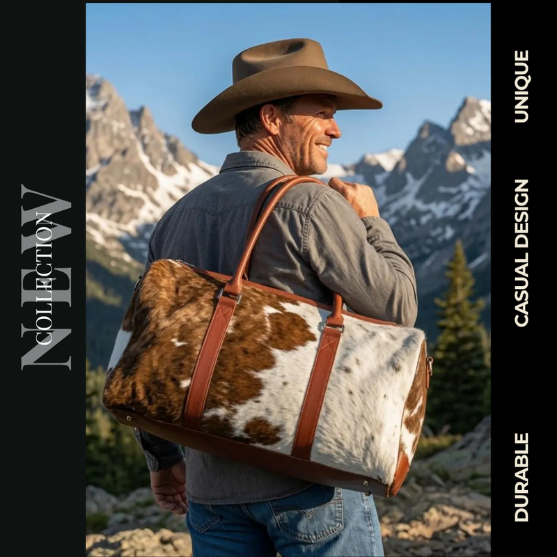 Genuine Hair-on Cowhide Leather Duffle Bag – Brown & White Western Weekender Travel Bag (20"x10"x12")