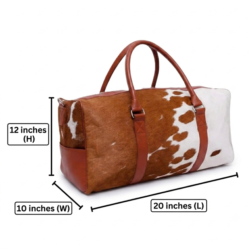 Genuine Hair-on Cowhide Leather Duffle Bag – Brown & White Western Weekender Travel Bag (20"x10"x12")