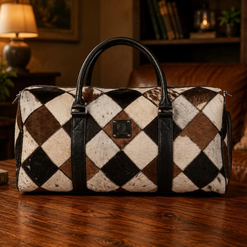 Genuine Hair-on Cowhide Patchwork Leather Duffle Bag – Western Weekender Travel Bag for Men & Women (20"x10"x12")