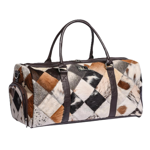 Genuine Hair-on Cowhide Patchwork Leather Duffle Bag – Western Weekender Travel Bag for Men & Women (20