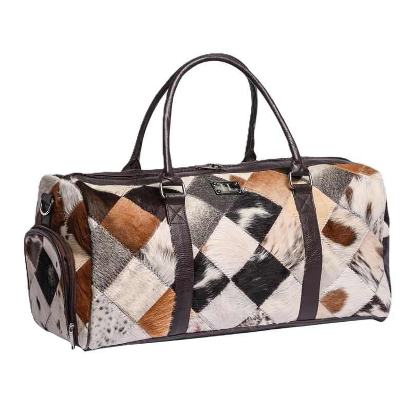 Genuine Hair-on Cowhide Patchwork Leather Duffle Bag – Western Weekender Travel Bag for Men & Women (20"x10"x12")