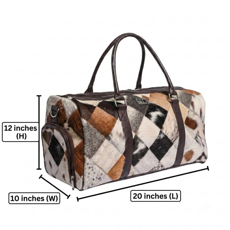 Genuine Hair-on Cowhide Patchwork Leather Duffle Bag – Western Weekender Travel Bag for Men & Women (20"x10"x12")