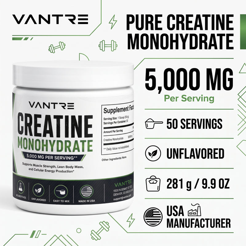 Creatine Monohydrate 5,000mg – Unflavored Pure Creatine Powder, 50 Servings, 281g