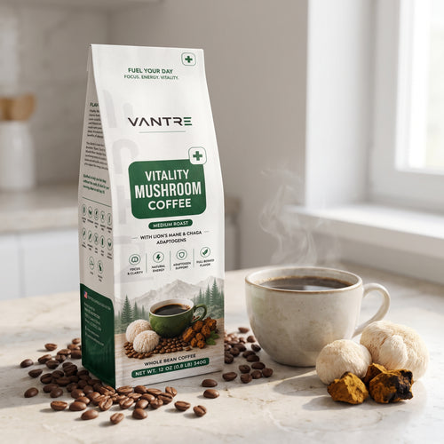 Vitality Mushroom Coffee – Medium Roast with Organic Lion’s Mane & Chaga | 12 oz Ground Coffee