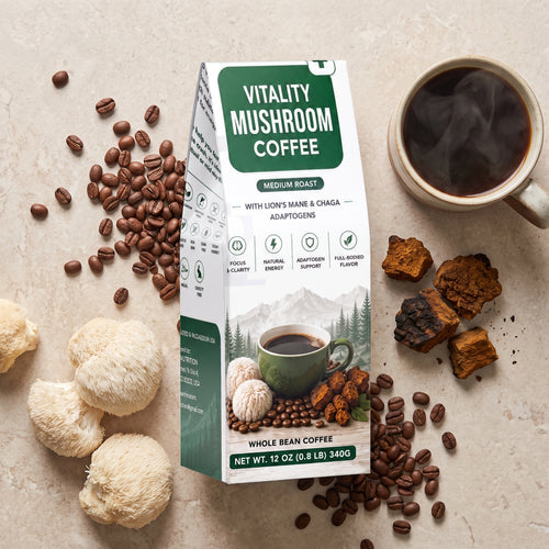 Vitality Mushroom Coffee – Medium Roast with Organic Lion’s Mane & Chaga | 12 oz Ground Coffee