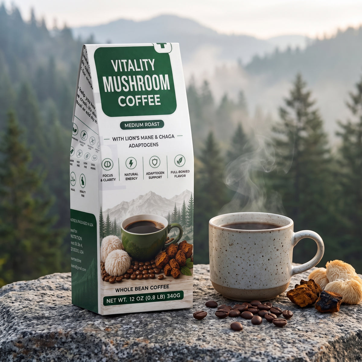Vitality Mushroom Coffee – Medium Roast with Organic Lion’s Mane & Chaga | 12 oz Ground Coffee