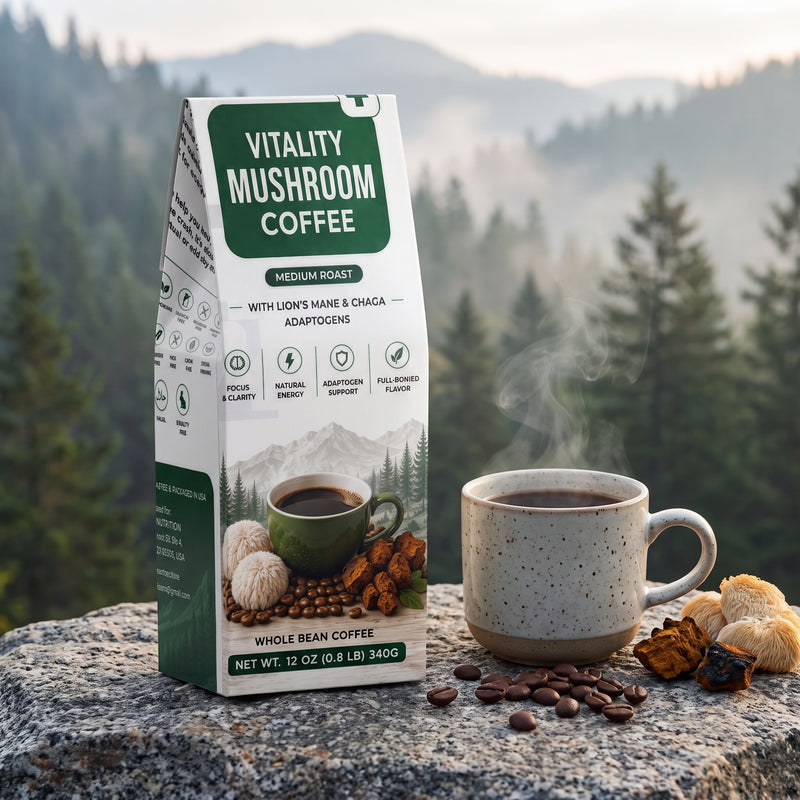 Vitality Mushroom Coffee – Medium Roast with Organic Lion’s Mane & Chaga | 12 oz Ground Coffee
