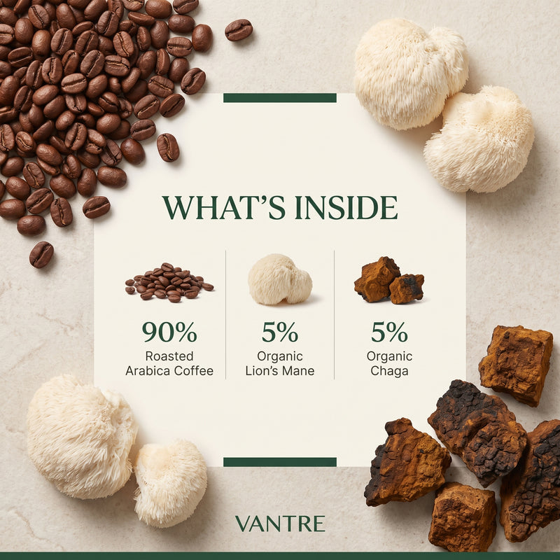 Vitality Mushroom Coffee – Medium Roast with Organic Lion’s Mane & Chaga | 12 oz Ground Coffee