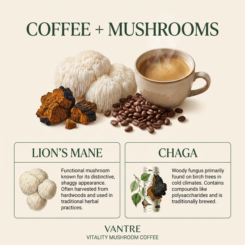Vitality Mushroom Coffee – Medium Roast with Organic Lion’s Mane & Chaga | 12 oz Ground Coffee