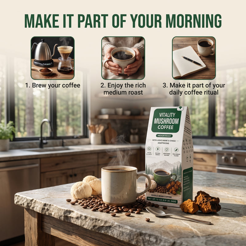 Vitality Mushroom Coffee – Medium Roast with Organic Lion’s Mane & Chaga | 12 oz Ground Coffee