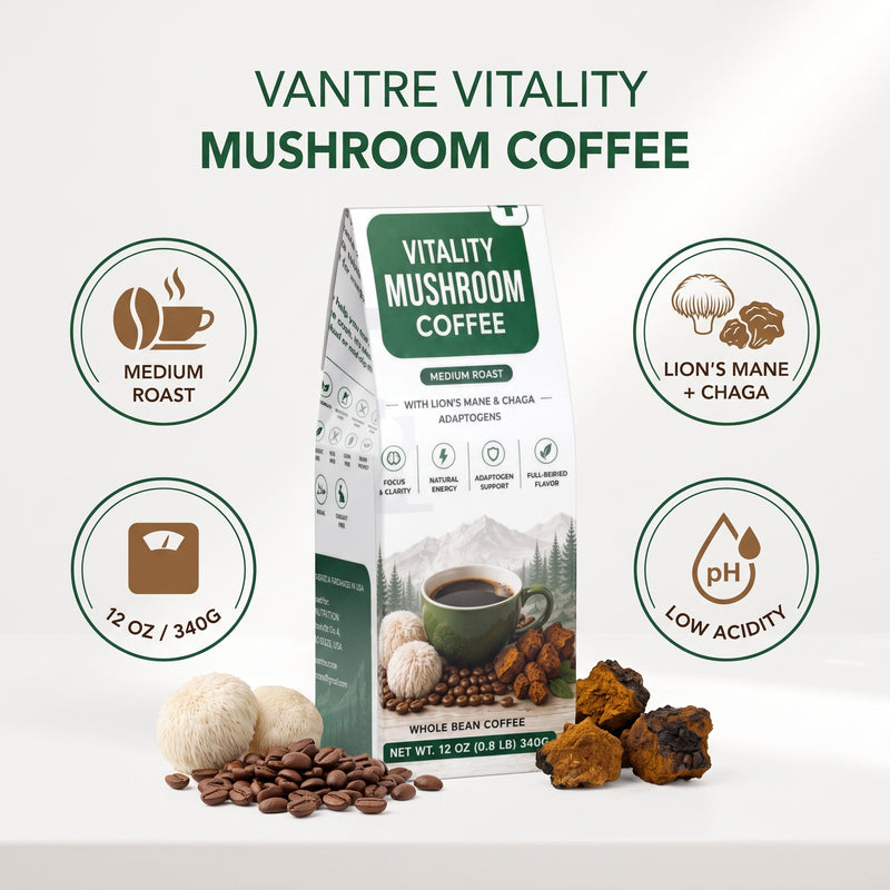 Vitality Mushroom Coffee – Medium Roast with Organic Lion’s Mane & Chaga | 12 oz Ground Coffee