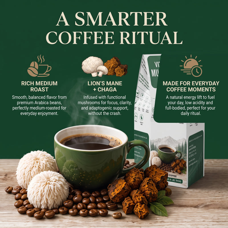Vitality Mushroom Coffee – Medium Roast with Organic Lion’s Mane & Chaga | 12 oz Ground Coffee