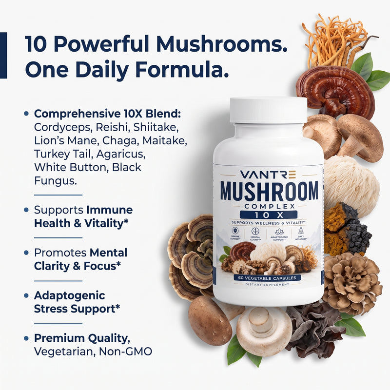 Mushroom Complex 10X – 60 Vegetable Capsules | Multi-Mushroom Dietary Supplement