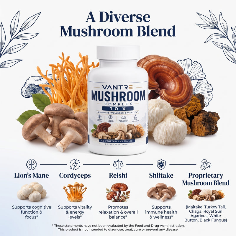Mushroom Complex 10X – 60 Vegetable Capsules | Multi-Mushroom Dietary Supplement