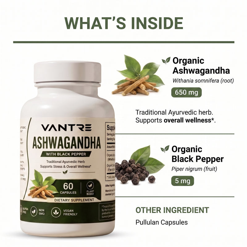 Organic Ashwagandha 650mg with Black Pepper – 60 Capsules | Dietary Supplement
