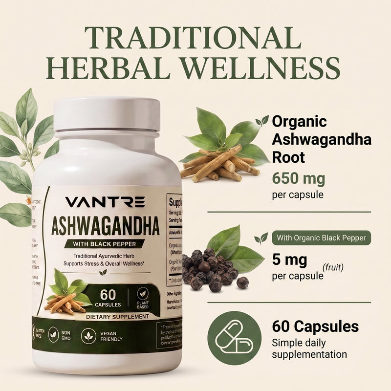 Organic Ashwagandha 650mg with Black Pepper – 60 Capsules | Dietary Supplement