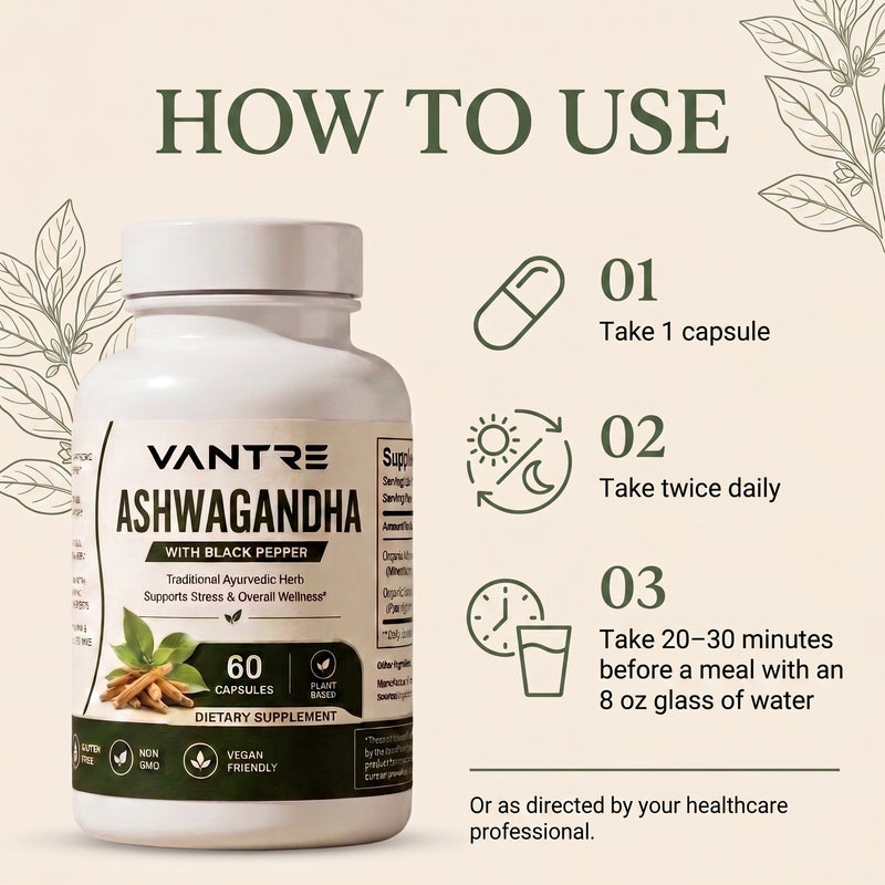 Organic Ashwagandha 650mg with Black Pepper – 60 Capsules | Dietary Supplement
