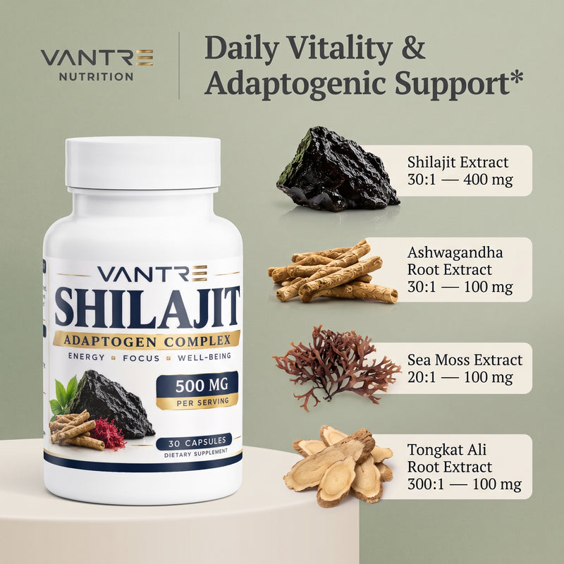 Shilajit Adaptogen Complex – Shilajit, Ashwagandha, Tongkat Ali & Sea Moss – 30 Capsules