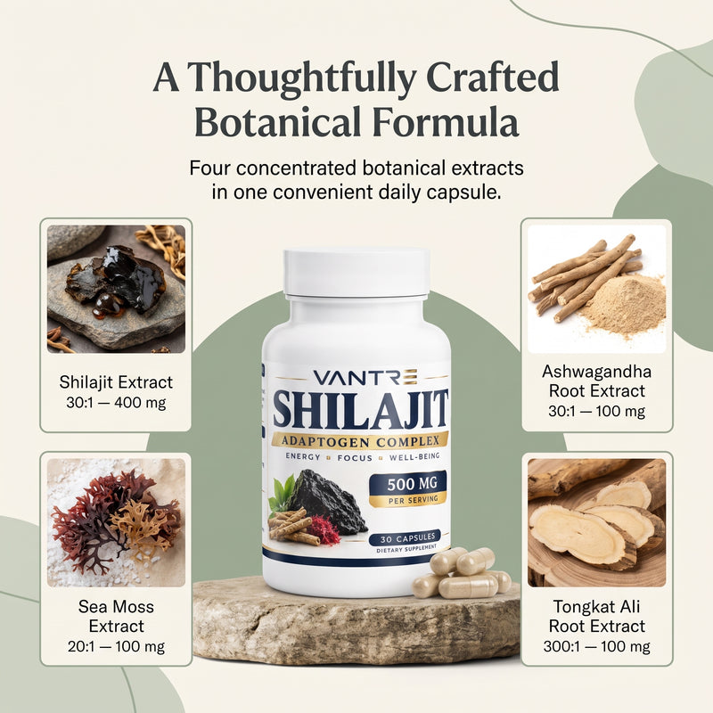 Shilajit Adaptogen Complex – Shilajit, Ashwagandha, Tongkat Ali & Sea Moss – 30 Capsules
