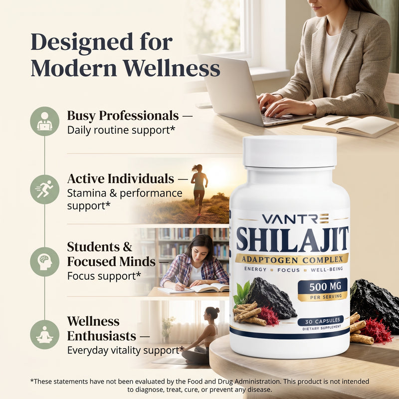 Shilajit Adaptogen Complex – Shilajit, Ashwagandha, Tongkat Ali & Sea Moss – 30 Capsules
