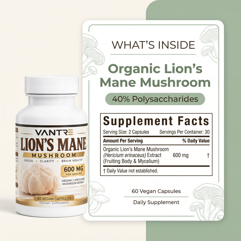 Lion’s Mane Mushroom Capsules – Organic Lion’s Mane Supplement, 60 Vegan Capsules, 400mg