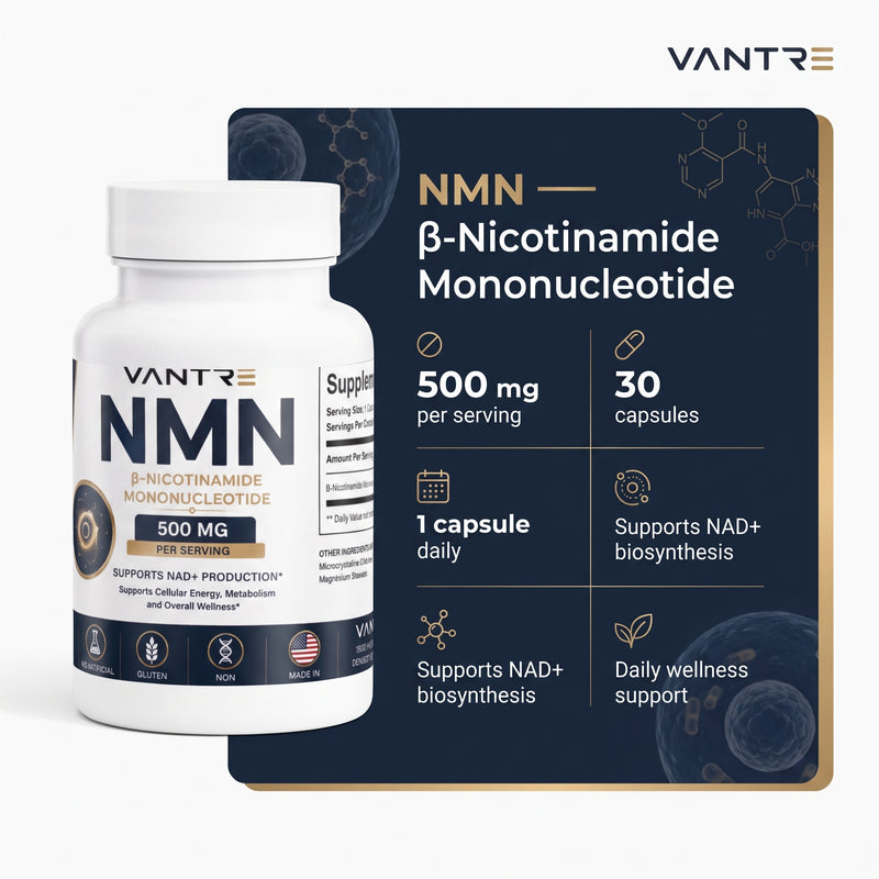 NMN 500mg Capsules – β-Nicotinamide Mononucleotide, 30 Capsules, NAD+ & Cellular Wellness Support