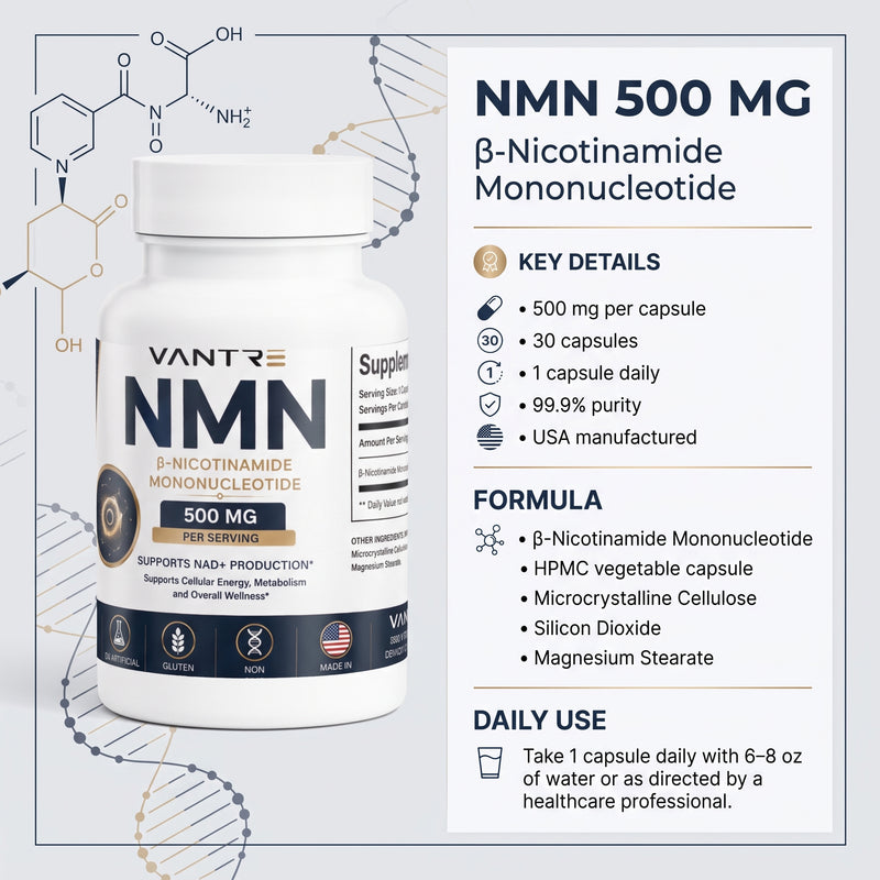 NMN 500mg Capsules – β-Nicotinamide Mononucleotide, 30 Capsules, NAD+ & Cellular Wellness Support