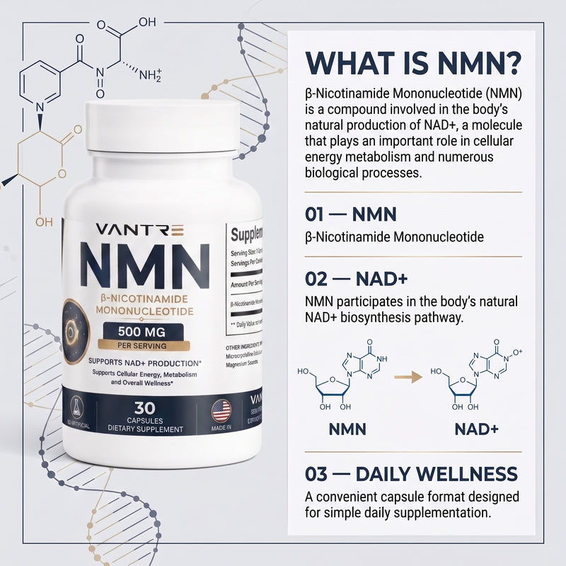 NMN 500mg Capsules – β-Nicotinamide Mononucleotide, 30 Capsules, NAD+ & Cellular Wellness Support
